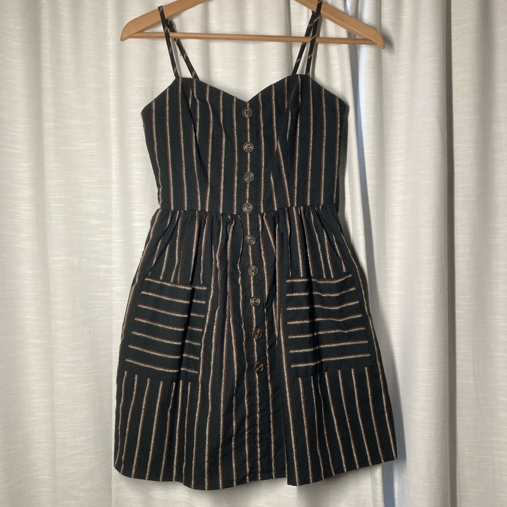 Striped Black and Tan Button-Down Dress
